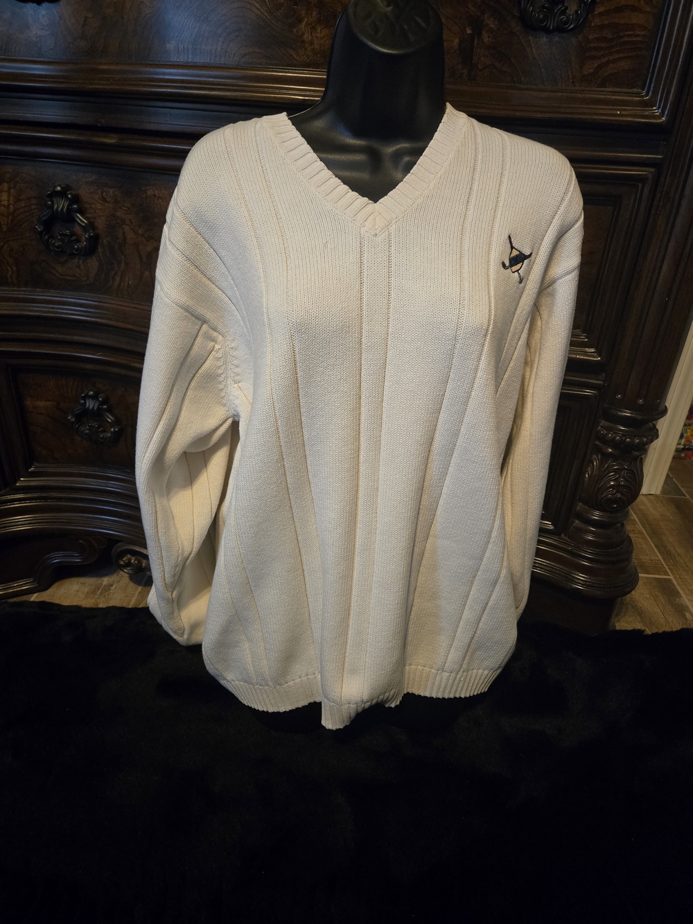 John Ashford Golf Sweater XL Cream VNeck Cotton Cable Knit Pullover Logo Vintage
